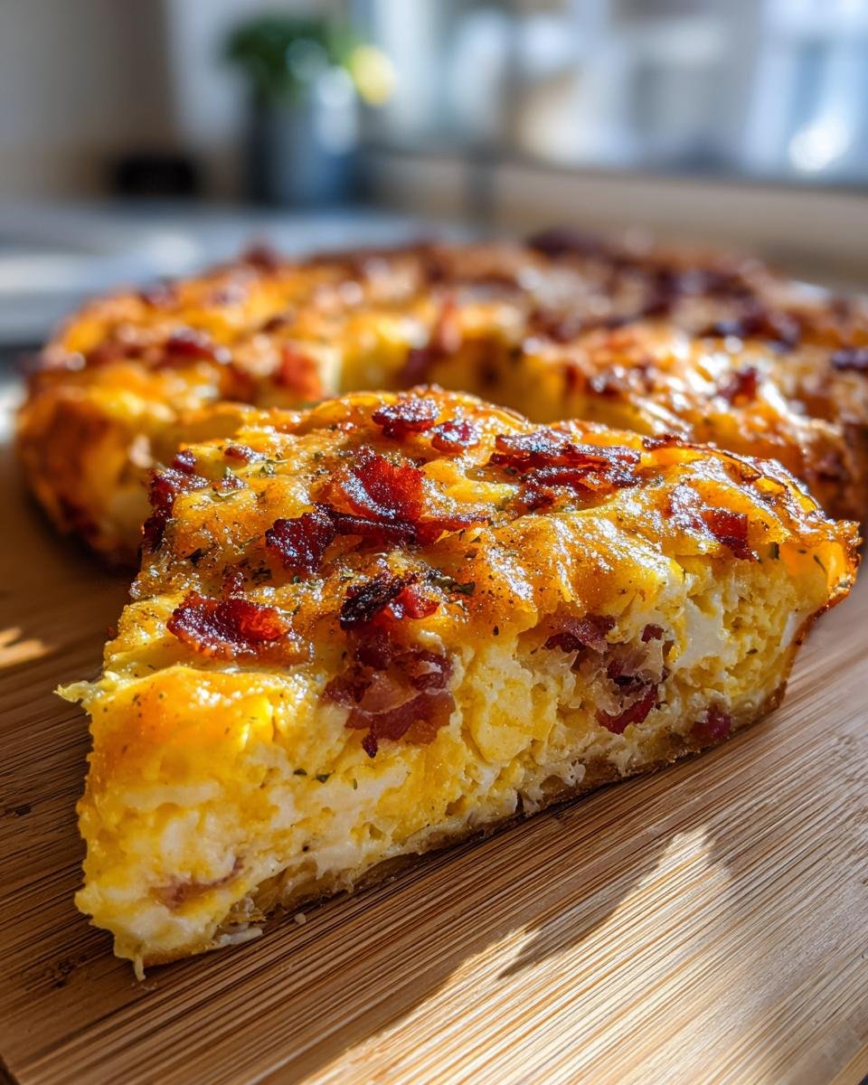 A close-up slice of Bacon And Eggs Phyllo Breakfast Pizza showing fluffy eggs, cheese, and crispy bacon pieces.