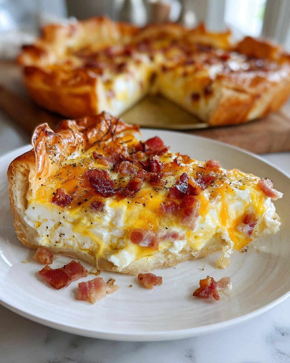A close-up slice of Bacon And Eggs Phyllo Breakfast Pizza topped with melted cheese and bacon bits on a white plate.
