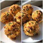 Close-up of several golden, crispy Bacon Chive Cheese Balls coated in breadcrumbs and bacon bits on a white plate.