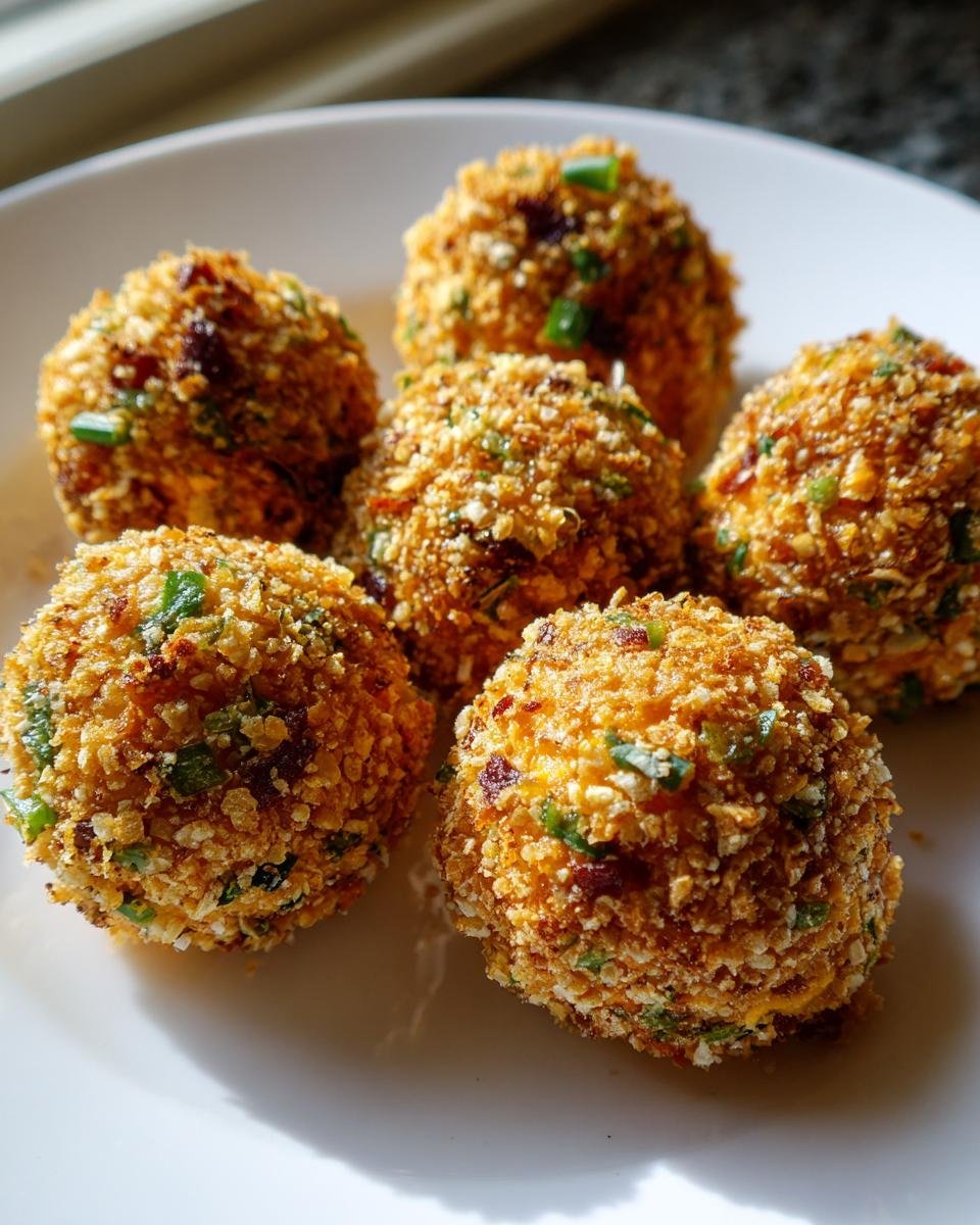 Six crispy, golden-brown Bacon Chive Cheese Balls coated in breadcrumbs and served on a white plate.