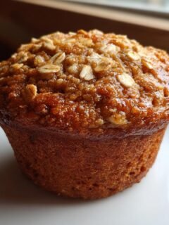 Close-up of a perfectly baked Banana Oat Muffin with a glossy, oat-topped crust on a white plate.