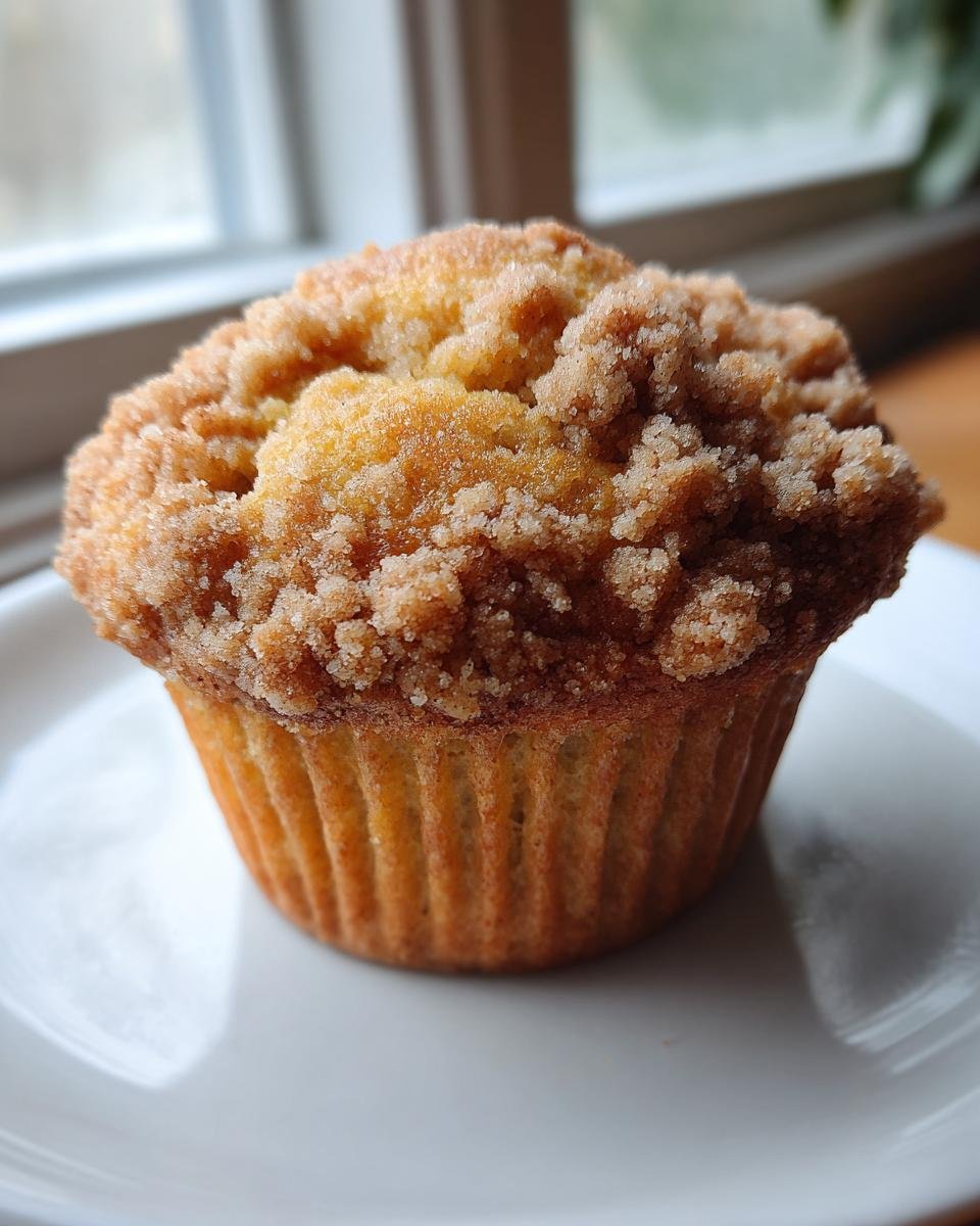 Close-up of a freshly baked Banana Streusel Muffin with a thick, golden brown crumb topping, sitting on a white plate.