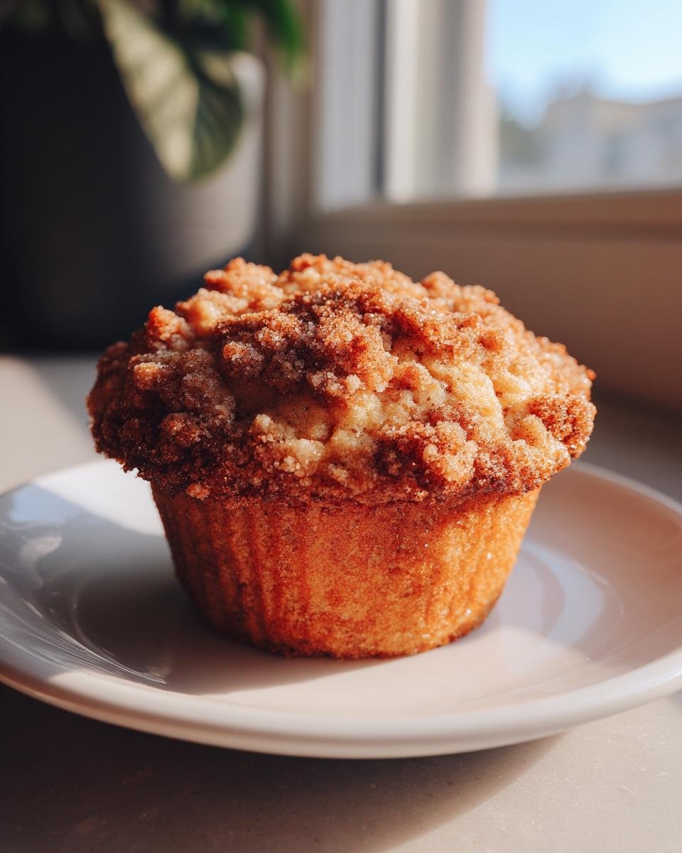 A single, golden-brown Banana Streusel Muffin topped with a thick layer of cinnamon sugar streusel, sitting on a white plate.