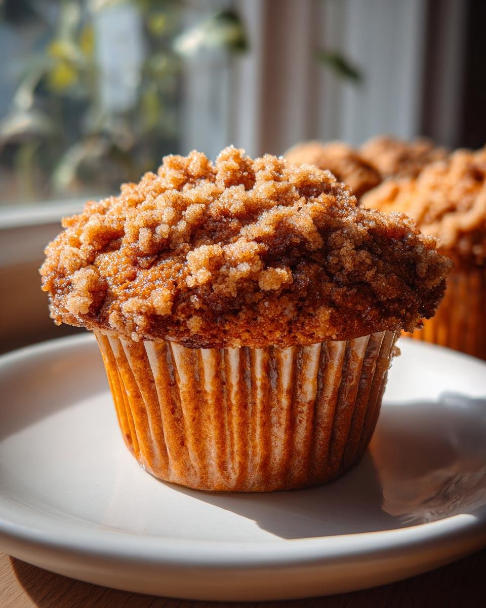 A close-up of a freshly baked Banana Streusel Muffin featuring a thick, golden-brown sugar crumb topping.