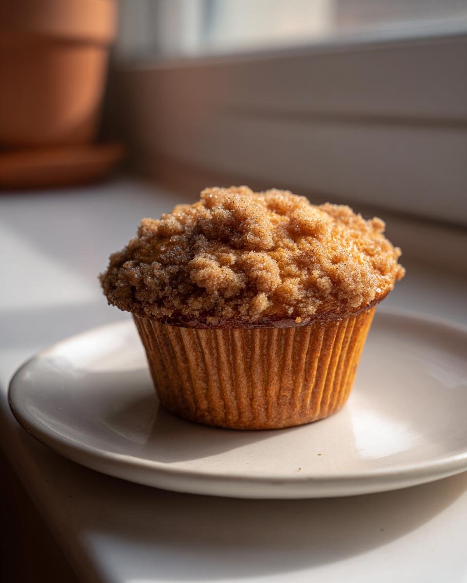 A single, perfectly baked Banana Streusel Muffin sitting on a small white plate near a window.