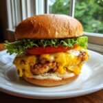Close-up of a delicious BBQ Ranch Turkey Smash Burger with melted cheddar cheese, lettuce, and tomato on a brioche bun.