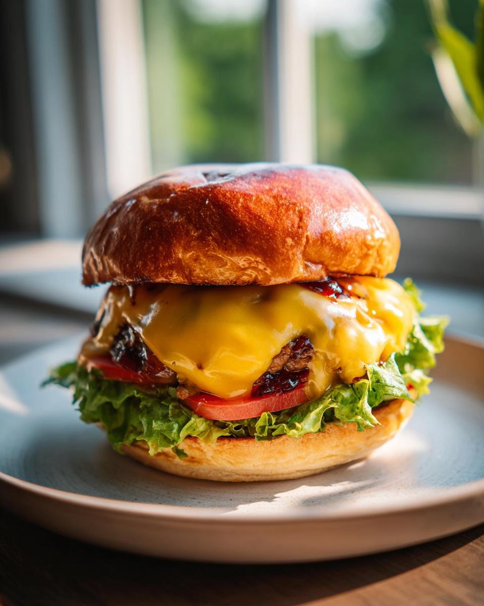 A delicious, fully assembled BBQ Ranch Turkey Smash Burger with melted cheese, lettuce, and tomato on a toasted bun.