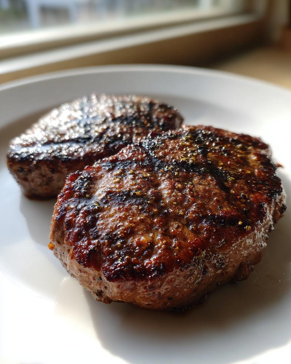 Two juicy, grilled burger patties seasoned with the Best Burger Seasoning Recipe, resting on a white plate.