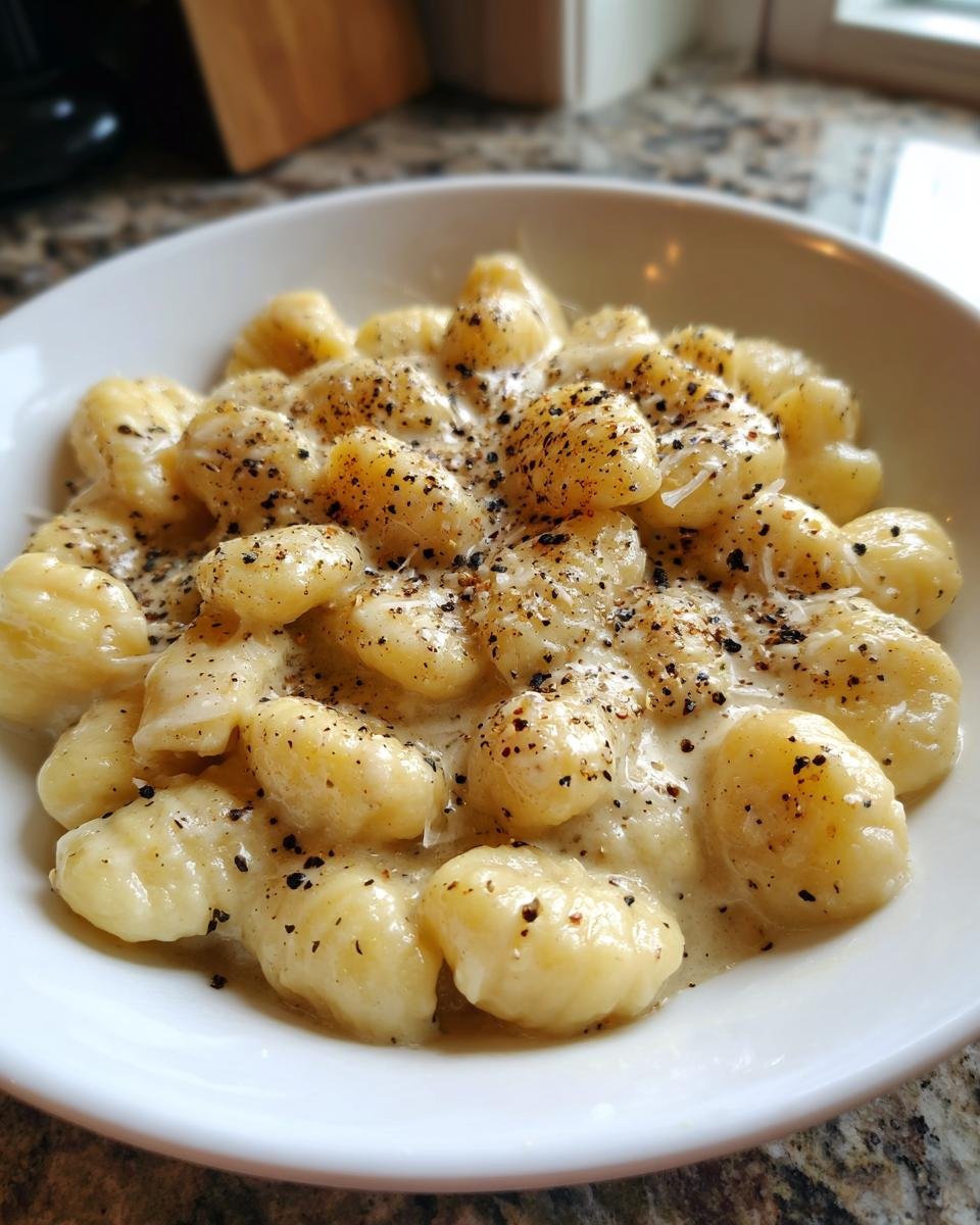 A close-up of The Best Cacio E Pepe Gnocchi coated in creamy sauce and topped with cracked black pepper.