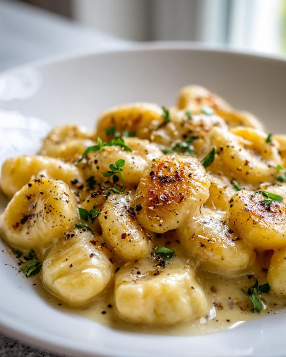 Close-up of pan-seared The Best Cacio E Pepe Gnocchi coated in creamy sauce, black pepper, and thyme.