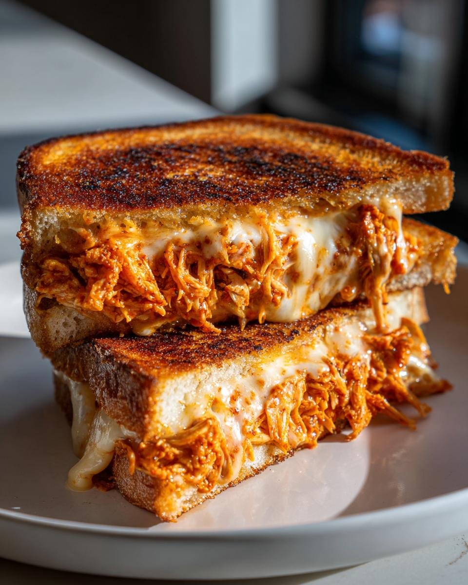 Close-up of a halved Best Chicken Birria Grilled Cheese Sandwich showing melted cheese and shredded orange chicken filling.