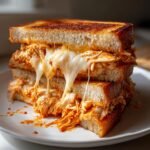 Extreme close-up of a tall stack of Best Chicken Birria Grilled Cheese Sandwich halves with melted cheese dripping out.