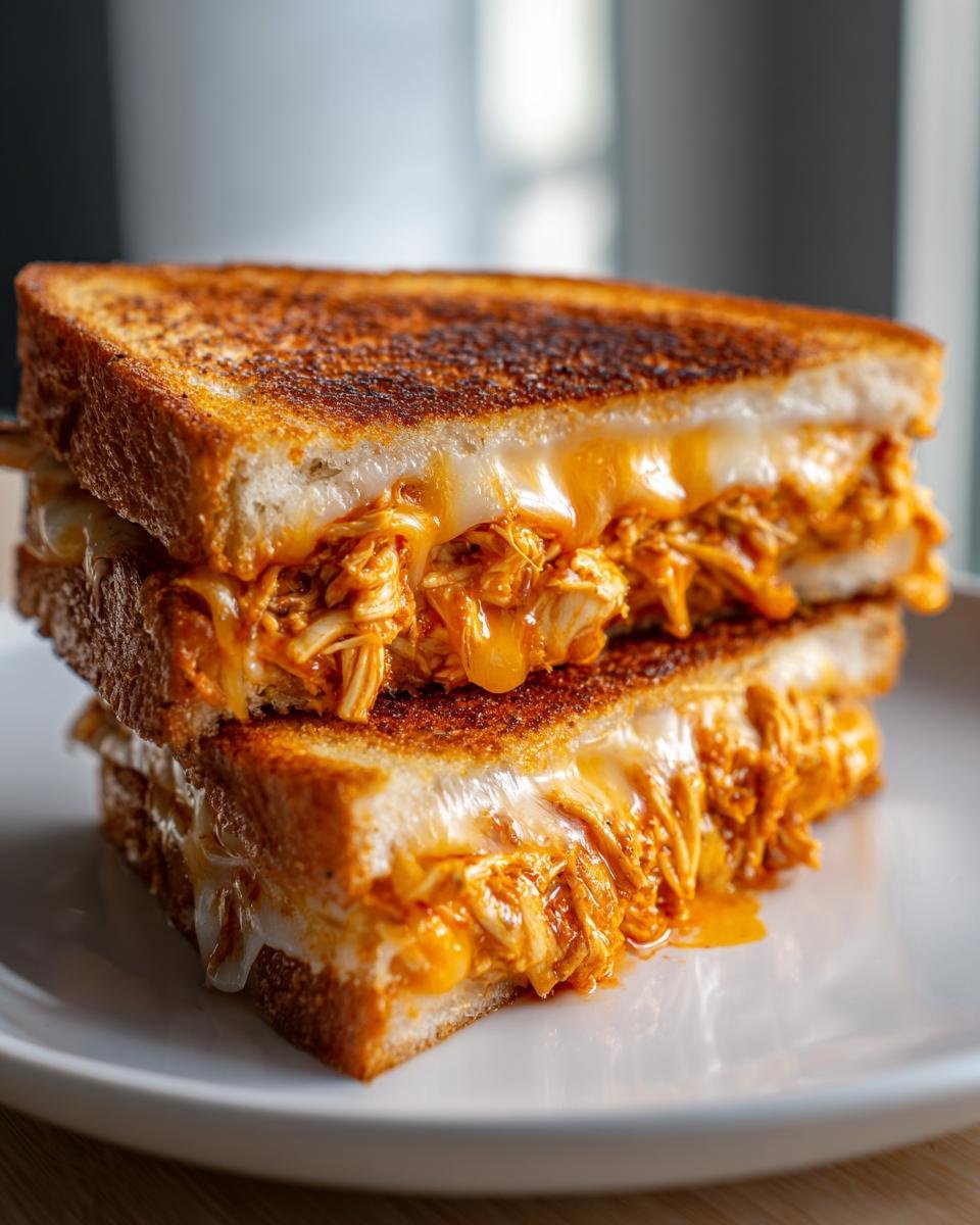 Close-up of a halved Best Chicken Birria Grilled Cheese Sandwich stacked, showing melted cheese and shredded chicken filling.