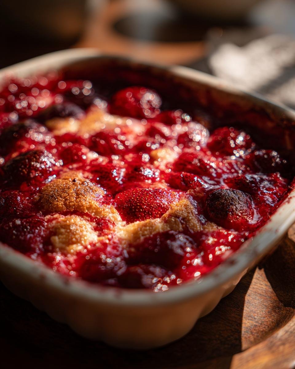 Close-up of bubbling, bright red The Best Southern Strawberry Cobbler with golden biscuit topping in a white baking dish.