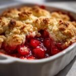 A close-up of The Best Southern Strawberry Cobbler showing bubbling, bright red strawberries beneath a golden, crumbly topping.