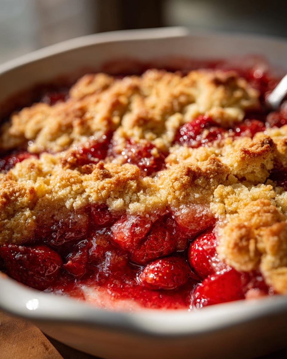 Close-up of bubbling, juicy strawberries under a golden, crumbly topping in The Best Southern Strawberry Cobbler.