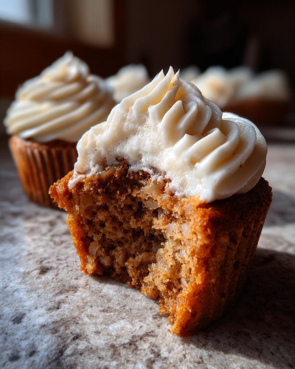 Close-up of an Apple Cinnamon Cupcakes with a bite taken out, showing moist crumb and thick cream cheese frosting.