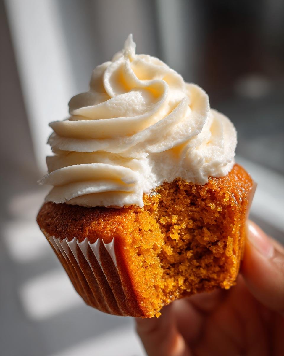 Close-up of a hand holding a bitten Pumpkin Cupcake Cake topped with thick swirls of cream cheese frosting.