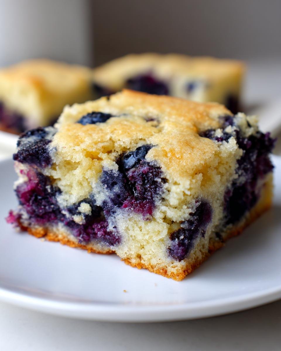 A close-up of a square slice of moist Blueberry Cookie Bars showing bright purple blueberries baked into the golden batter.