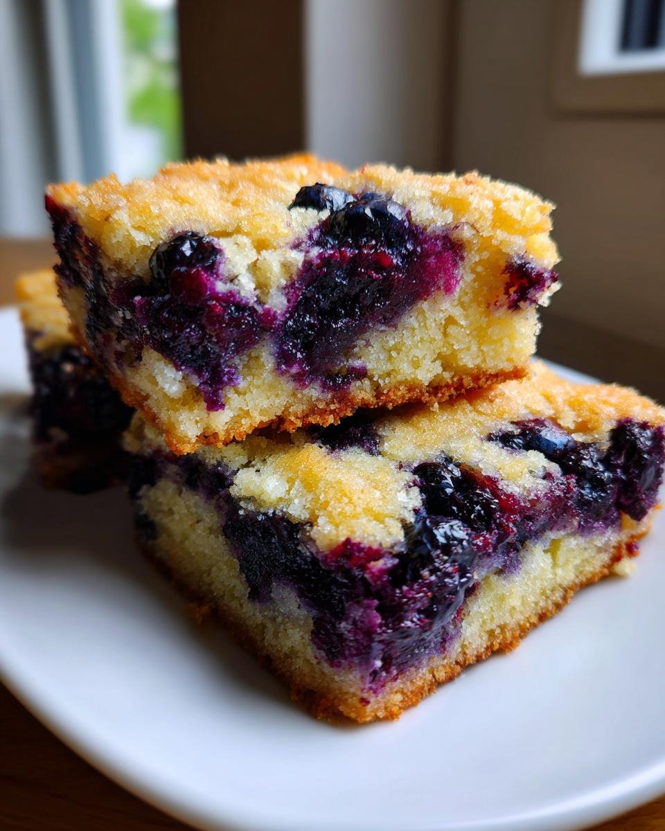 Two stacked squares of rich, moist Blueberry Cookie Bars showing a dense, buttery base packed with dark purple blueberries.