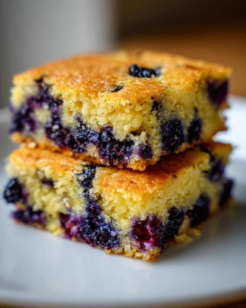 Close-up of two stacked, golden-brown squares of rich Blueberry Cookie Bars loaded with purple blueberries.
