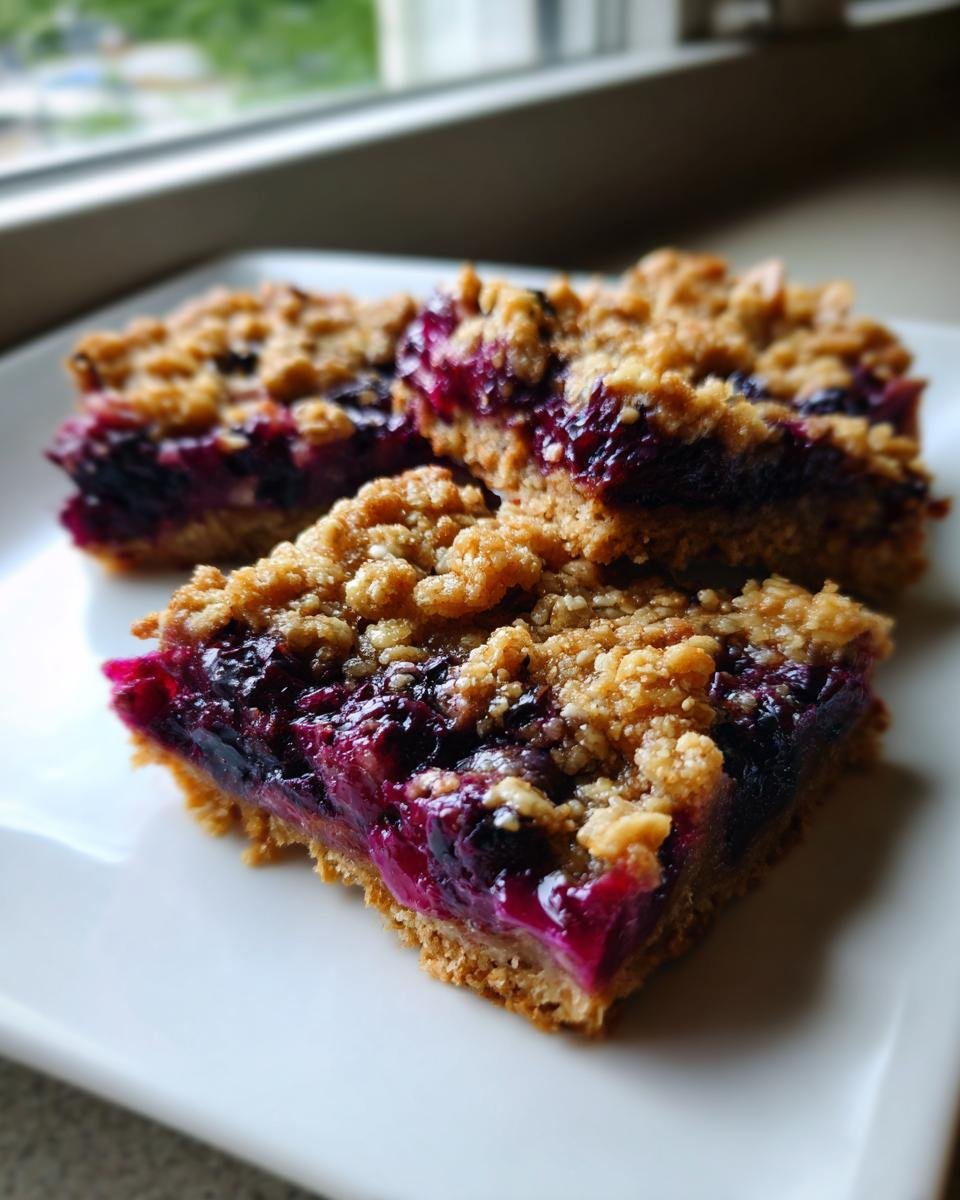 Three moist Blueberry Crumble Bars with a thick, jammy filling and crumbly oat topping on a white plate.