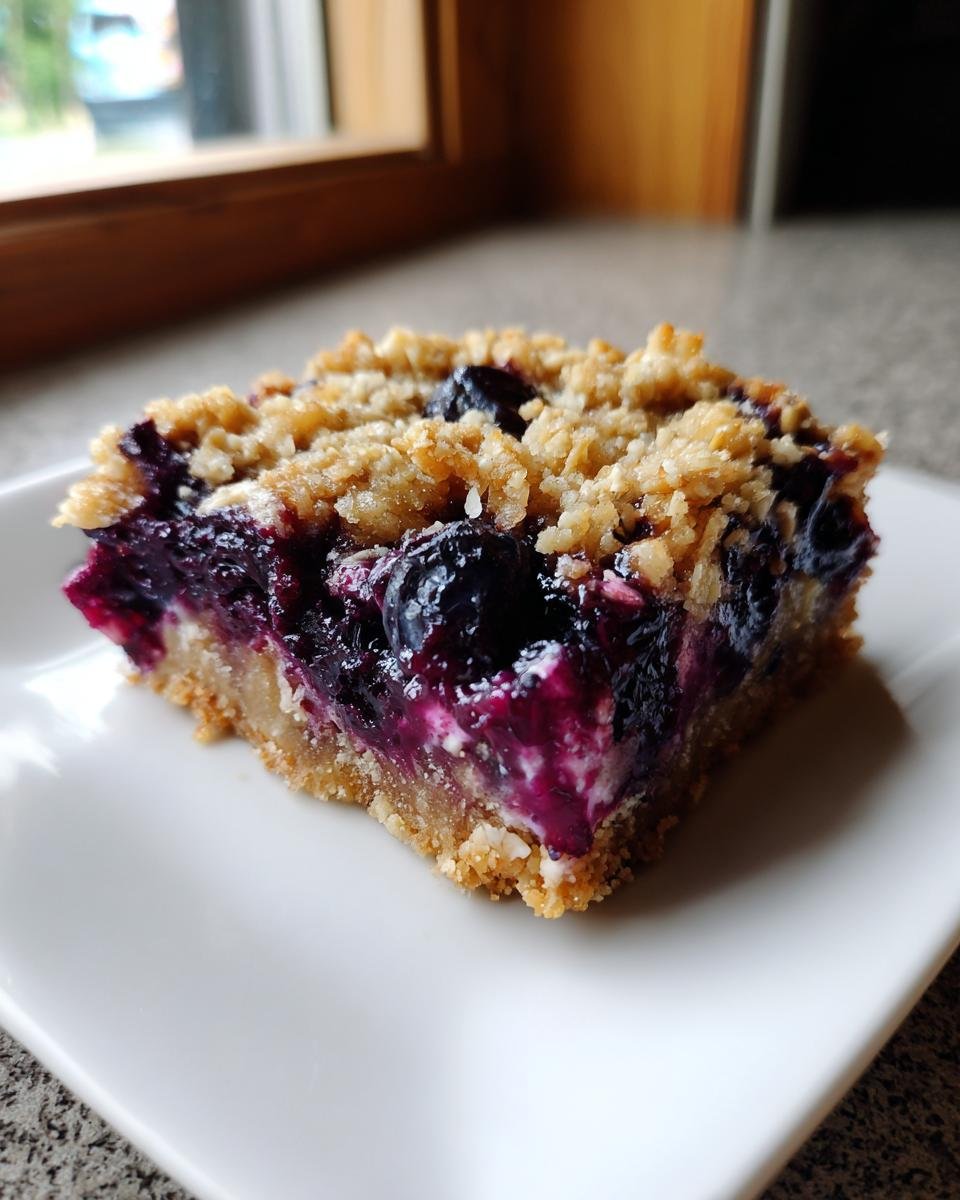 A close-up of a single square of rich Blueberry Crumble Bars with a thick blueberry filling and oat topping on a white plate.