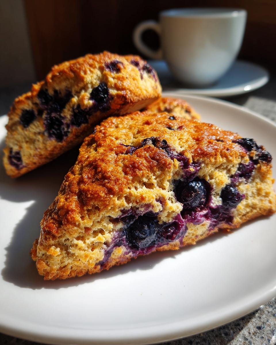 Two golden-brown, triangular Blueberry Scones loaded with juicy blueberries, served on a white plate.