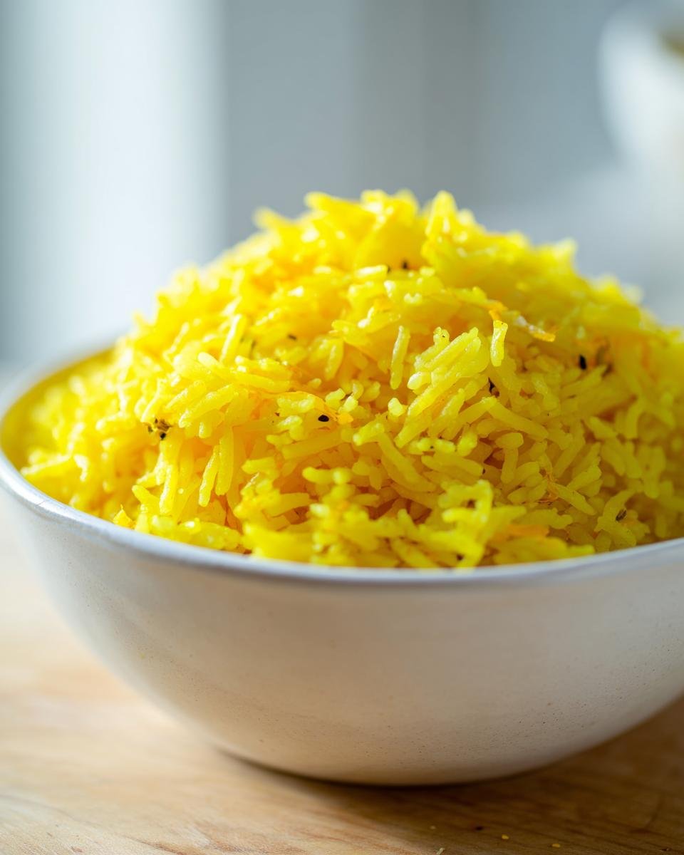 A close-up of fluffy, bright yellow Lemon Rice mounded high in a light ceramic bowl.
