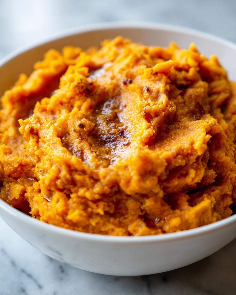 A close-up of rich, orange Irresistible Brown Butter Maple Sweet Potato Mash served in a white bowl.
