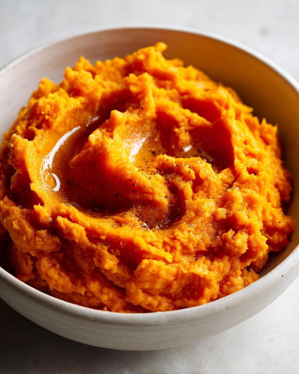 Close-up of vibrant orange Irresistible Brown Butter Maple Sweet Potato Mash topped with melted butter and black pepper.