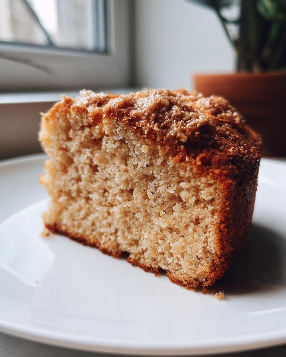 A close-up shot of a moist slice of Brown Sugar Cake with a slightly caramelized top, served on a white plate.