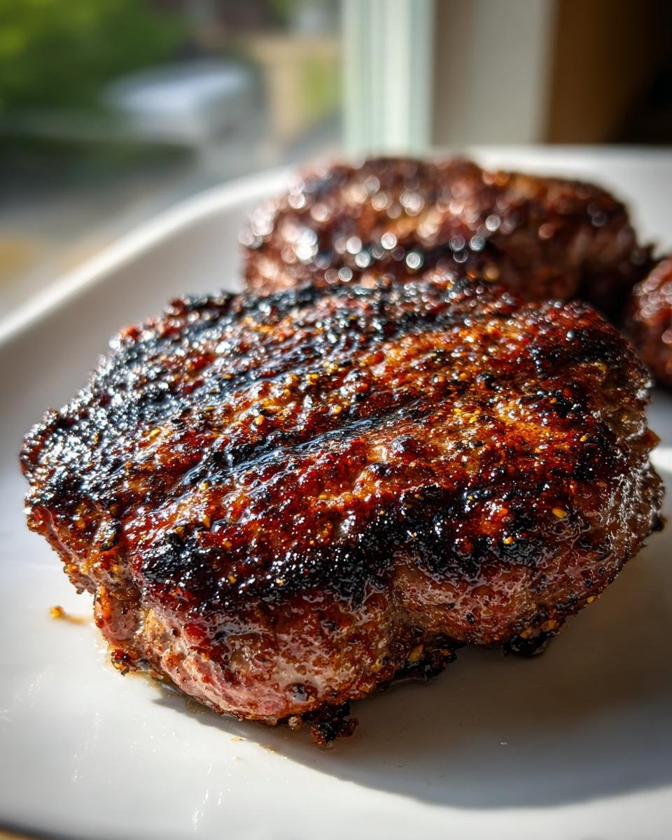 Close-up of a juicy, seared burger patty coated in spices, showcasing the Best Burger Seasoning Recipe crust.