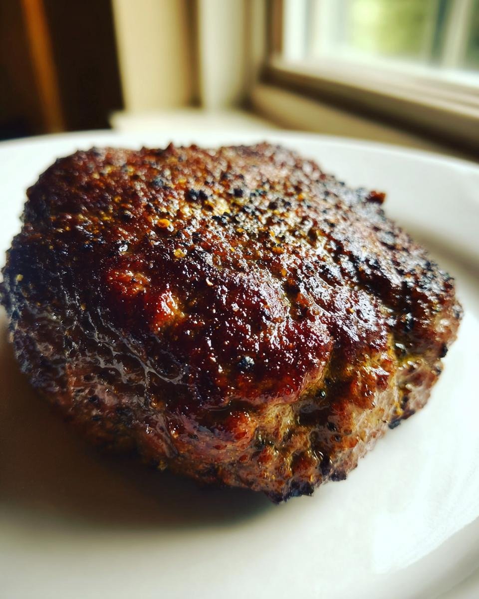 Close-up of a juicy, well-seared burger patty heavily coated in spices from the Best Burger Seasoning Recipe.