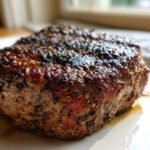 Close-up of a thick, juicy burger patty coated heavily in spices from the Best Burger Seasoning Recipe.