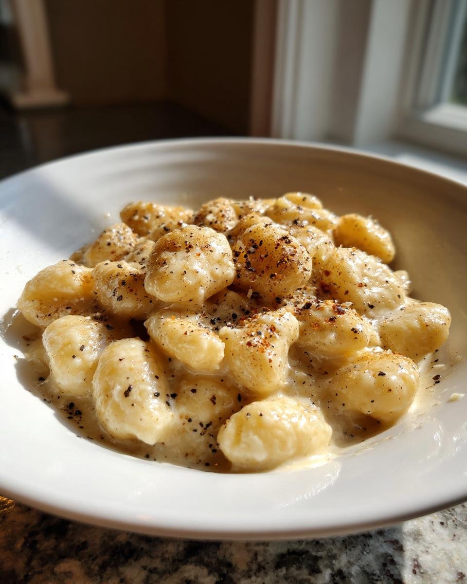 Close-up of creamy Cacio E Pepe Gnocchi generously topped with black pepper in a white bowl.