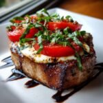 Close-up of a thick, seared Caprese Pork Chop topped with melted mozzarella, tomato slices, and fresh basil.