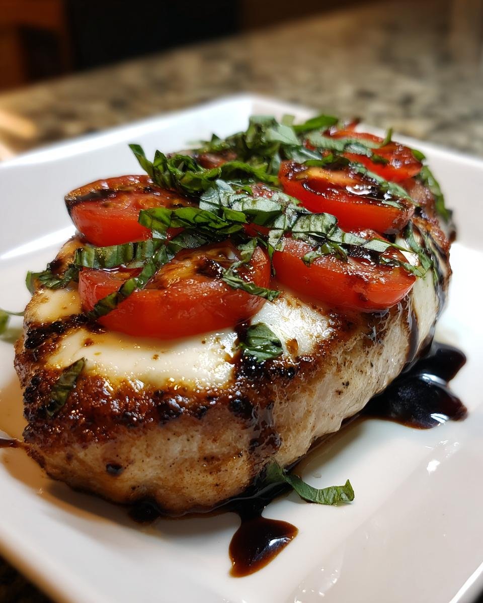 Close-up of a juicy Caprese Pork Chop topped with melted mozzarella, sliced tomatoes, and fresh basil.