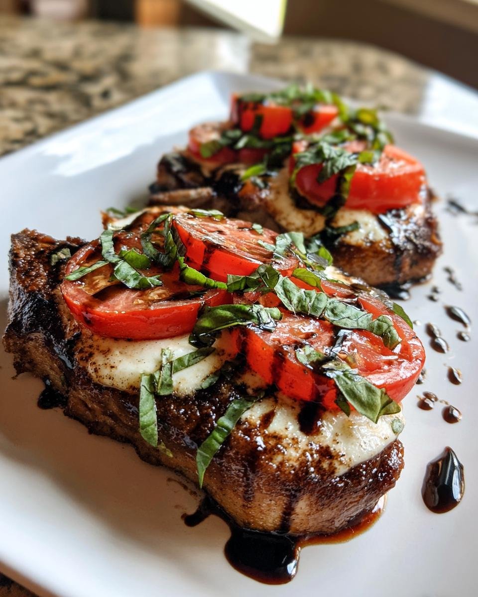 Two finished Caprese Pork Chops topped with melted mozzarella, tomato slices, basil, and balsamic glaze.