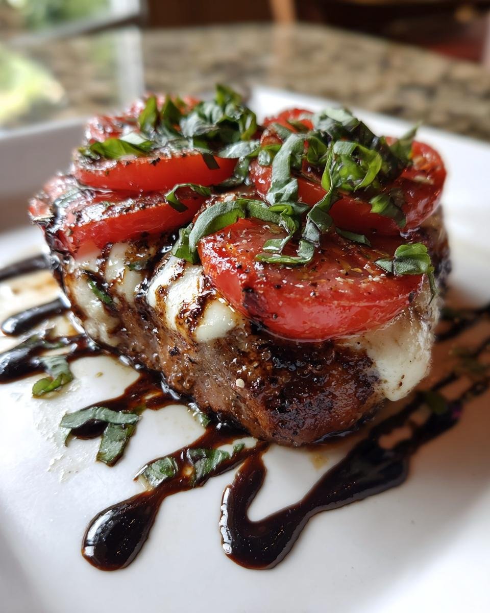 A beautifully plated Caprese Pork Chops topped with melted mozzarella, sliced tomatoes, and fresh basil, drizzled with balsamic glaze.