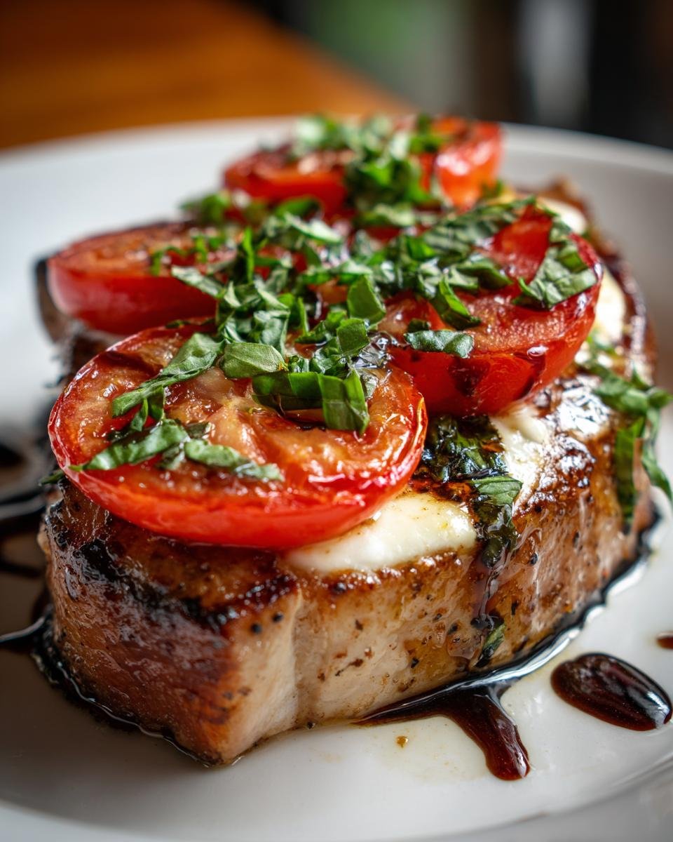 A juicy, seared pork chop topped with melted mozzarella, grilled tomato slices, and fresh basil, drizzled with balsamic glaze, representing Caprese Pork Chops.