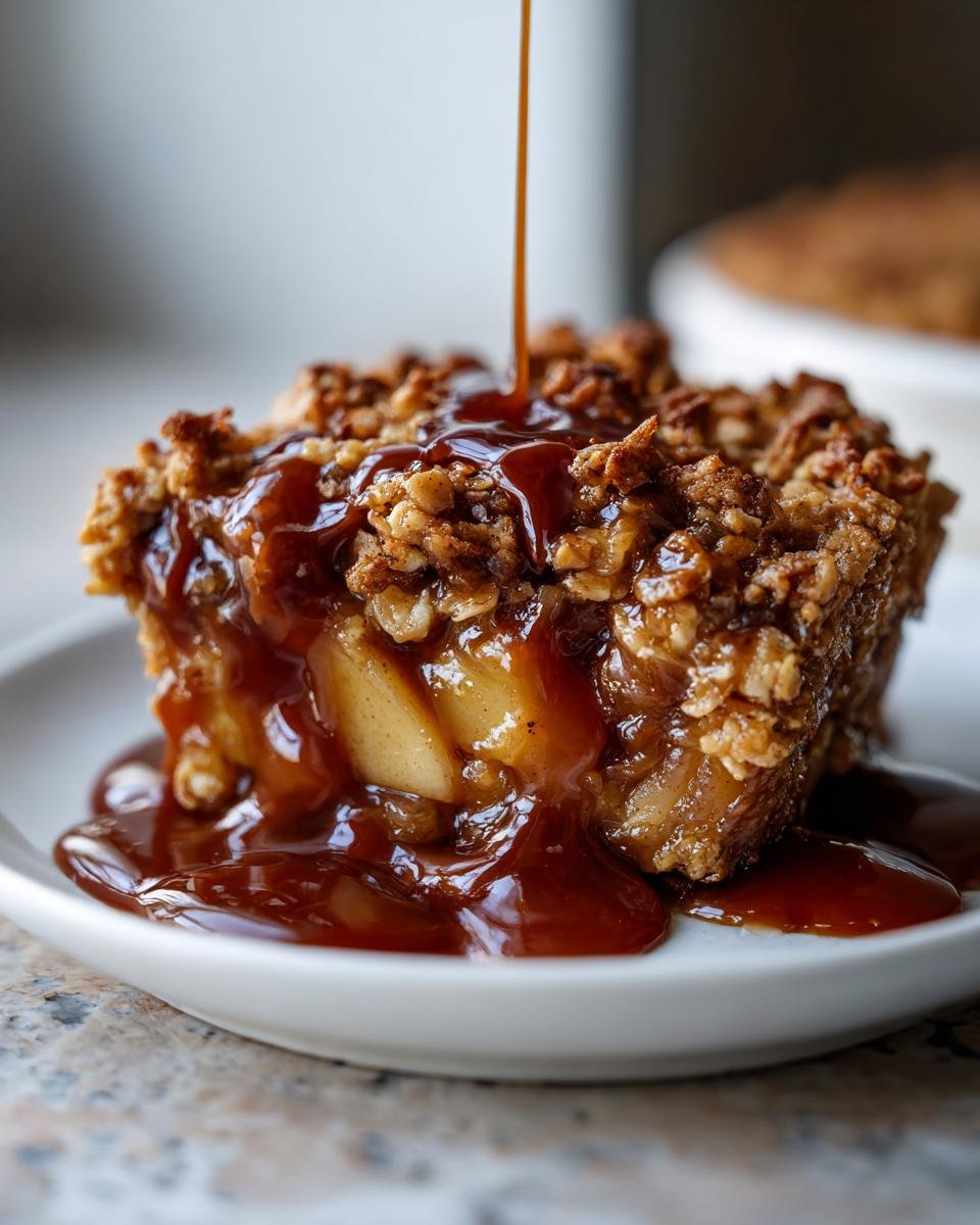 Close-up of a square serving of Caramel Apple Crumble being drizzled with rich caramel sauce.