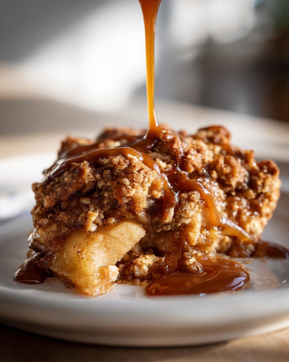 Close-up of a serving of Caramel Apple Crumble with thick caramel sauce being poured over the top.
