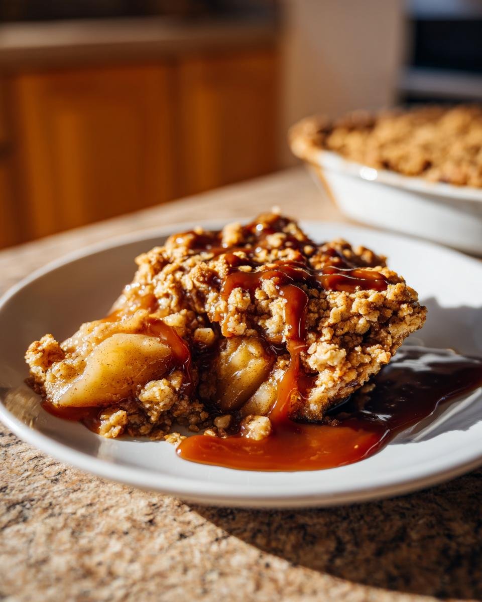 A close-up of a serving of Caramel Apple Crumble topped with rich caramel sauce.