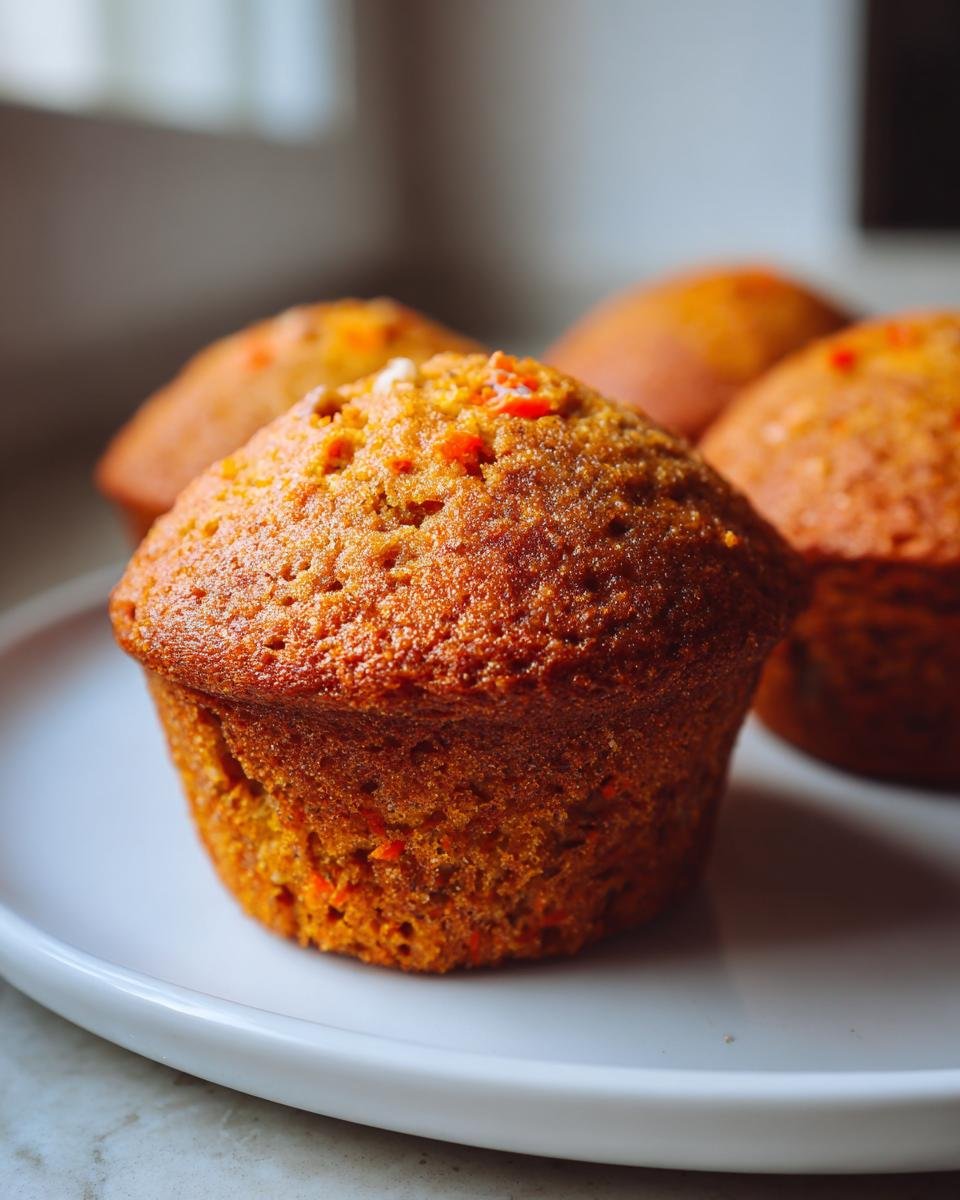 A close-up of a freshly baked, golden-brown Carrot Breakfast Muffin sitting on a white plate with more muffins blurred in the background.