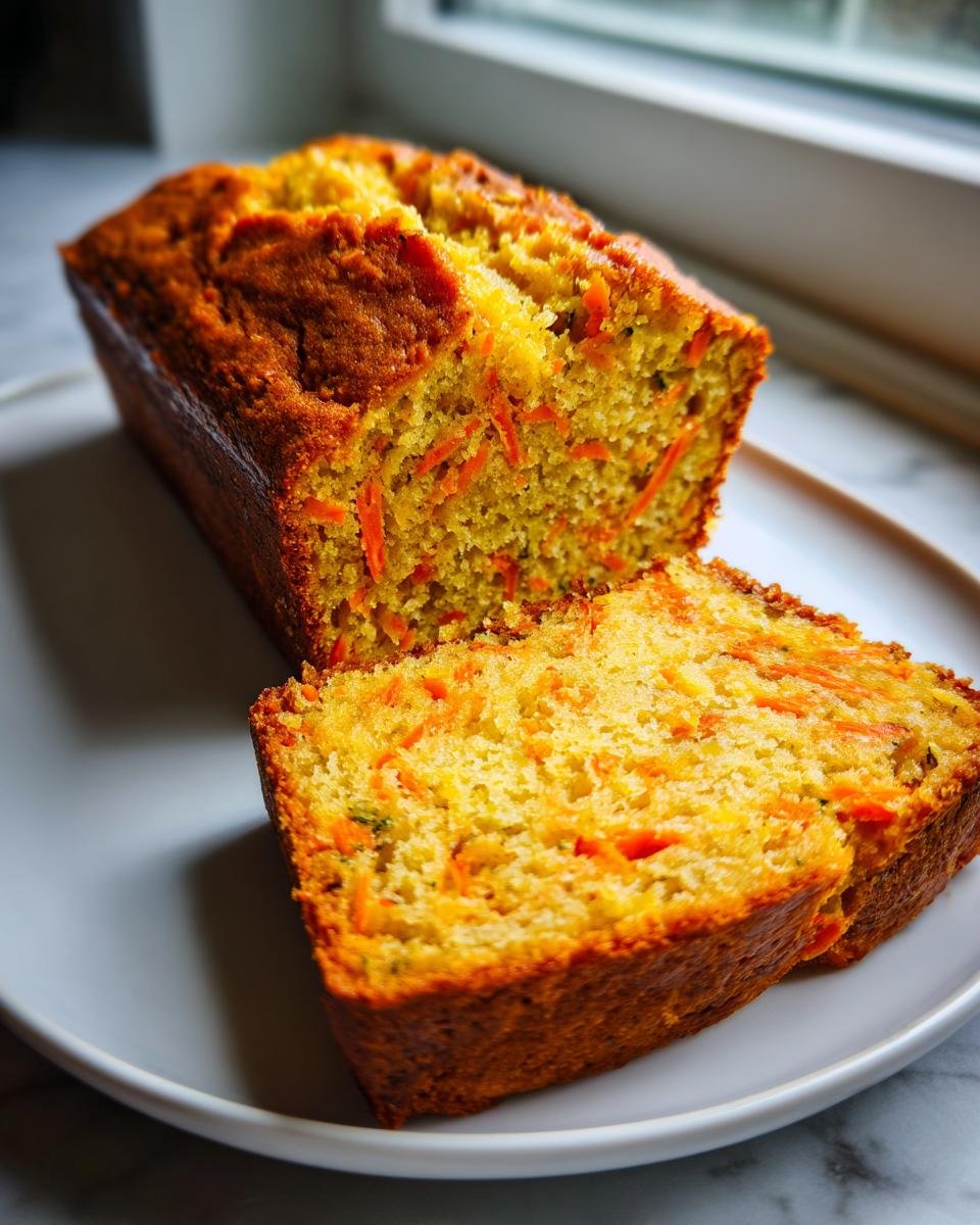 A golden brown Carrot Loaf Cake, partially sliced, showing moist texture and bright orange shredded carrots throughout.