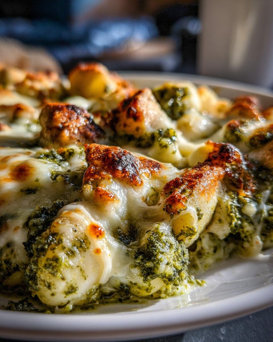 Close-up of baked gnocchi covered in green pesto sauce and melted, browned mozzarella cheese from the Irresistible Pesto Chicken And Gnocchi Bake Recipe.