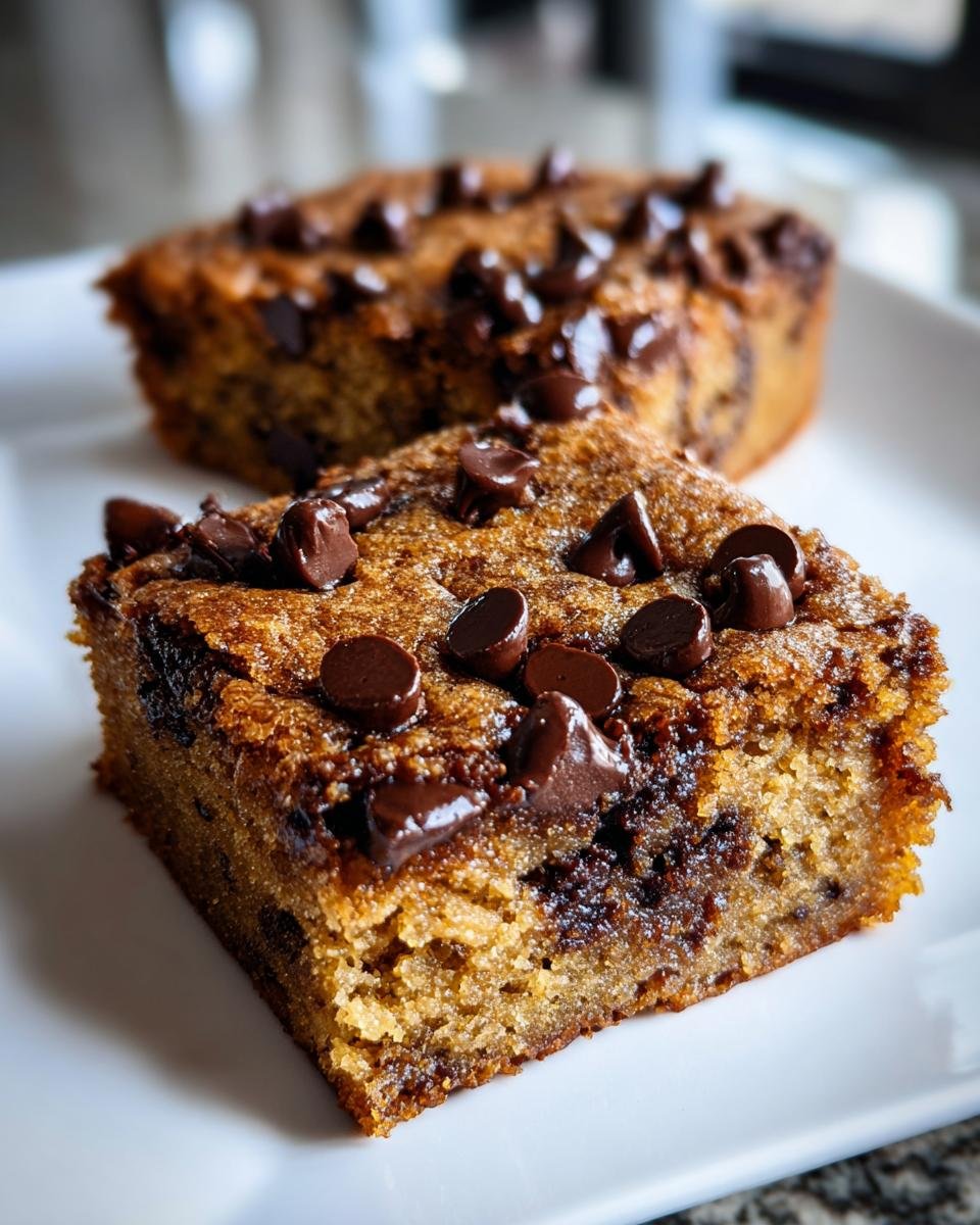 A close-up view of a thick, chewy square of Chocolate Chip Blondies topped with melted chocolate chips on a white plate.