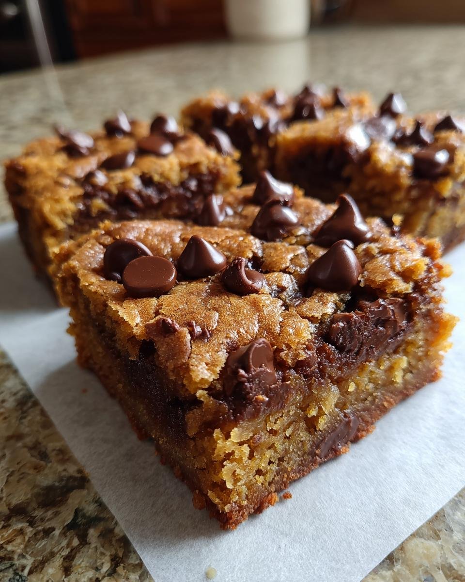 A close-up of a thick, chewy square of Chocolate Chip Blondies topped with melted chocolate chips.