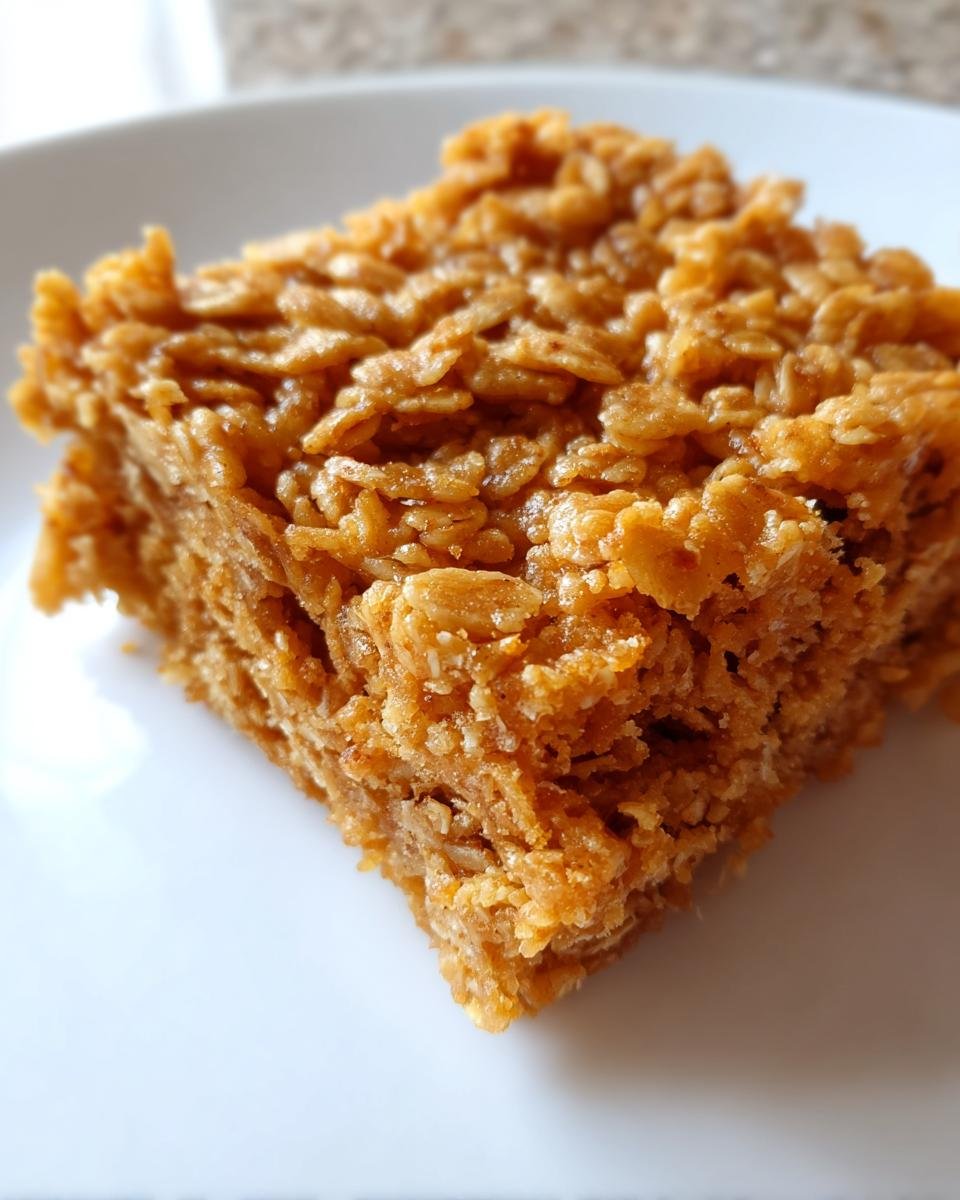 A close-up, macro shot of a single, chewy square of homemade Oatmeal Bars resting on a white plate.
